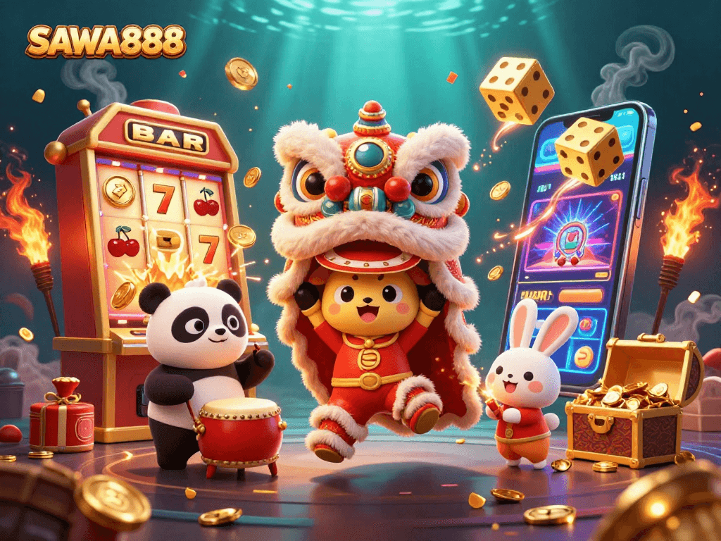 SAWA888 offers a vibrant 3D scene with a lion dance, drumming panda, and slot machines bursting with coins.