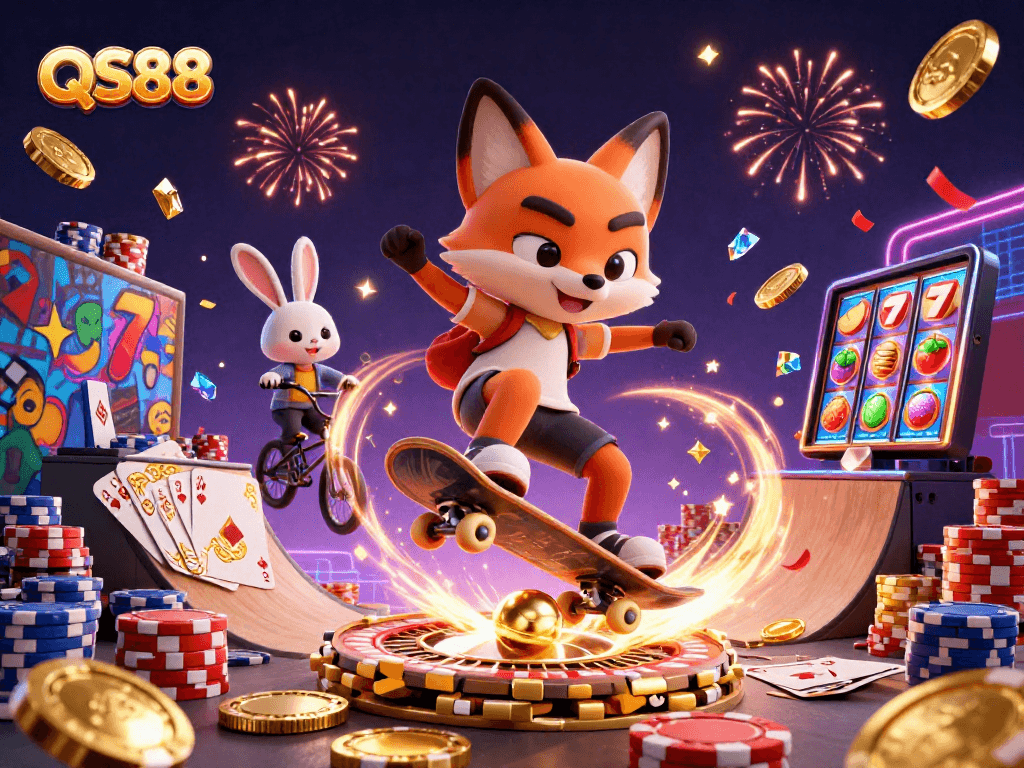 Experience the thrill of QS88 with a vibrant 3D illustration showcasing dynamic casino action.