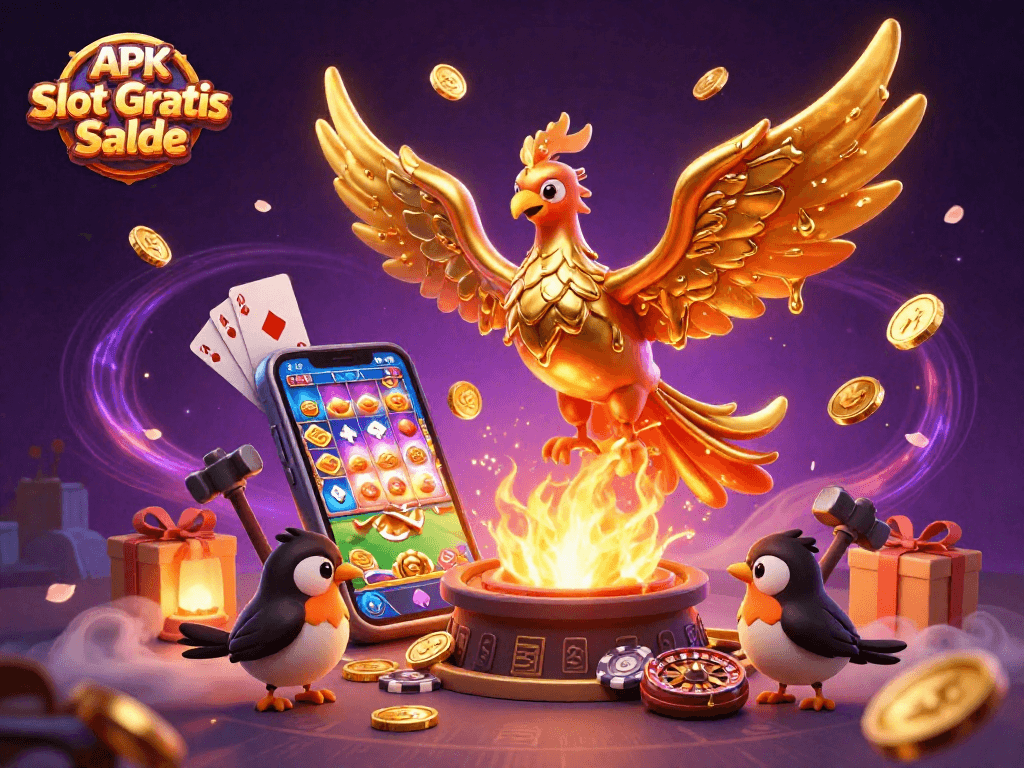 Engage with APK Slot Gratis Saldo: Epic 3D illustration showcasing a golden phoenix and slot elements.