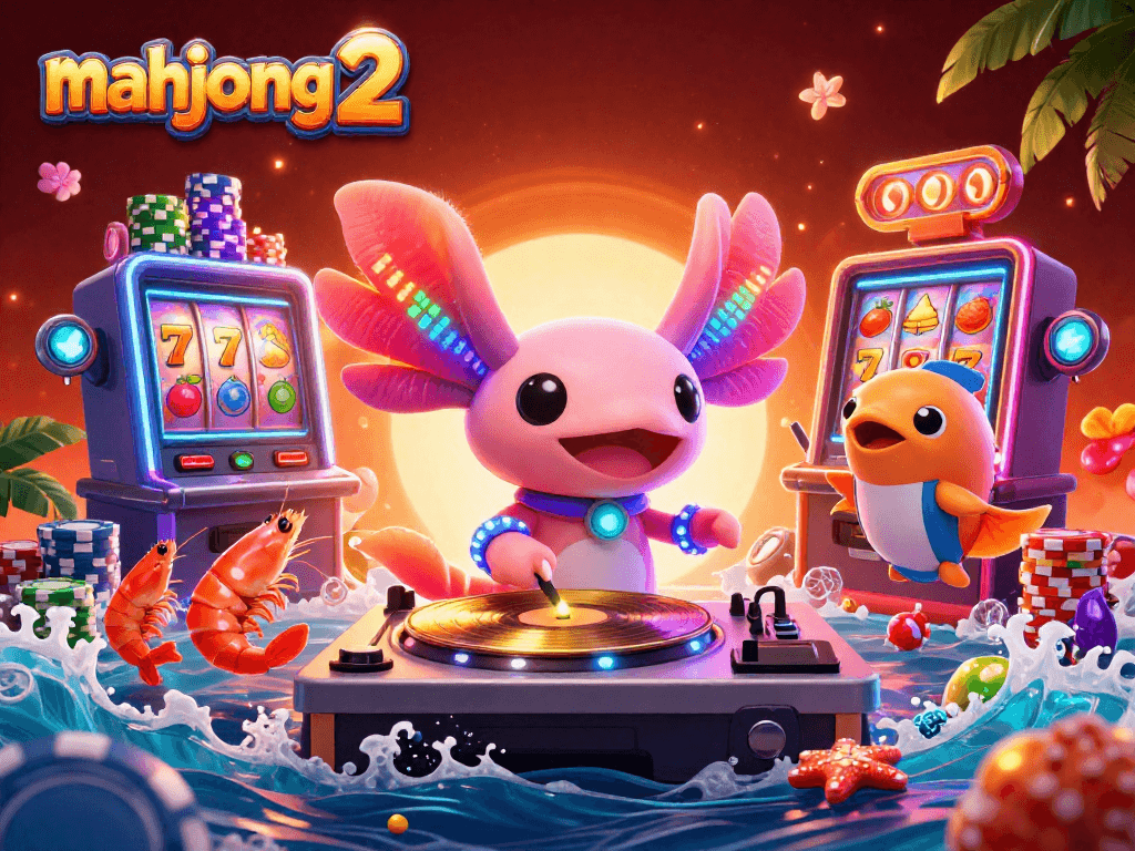 Engage with mahjong 2 excitement in this vibrant digital casino scene filled with colorful slot machines.