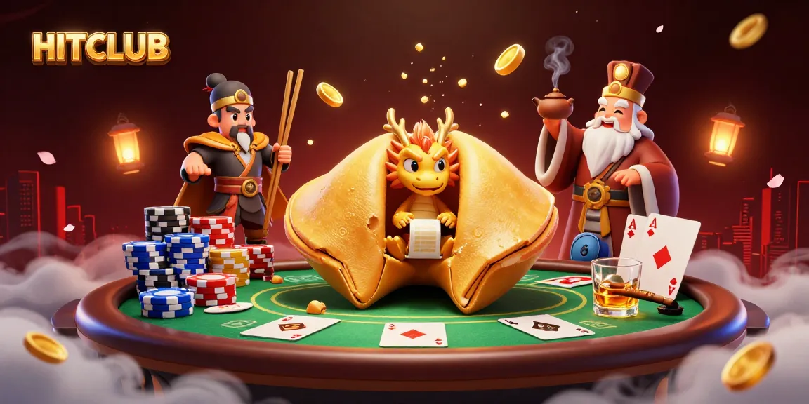 Engage with HITCLUB's vibrant casino atmosphere, featuring a treasure-filled fortune cookie with animated characters and gambling elements.