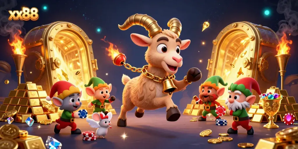Join the festive fun at the xx88 holiday casino with lively characters and gold treasures.