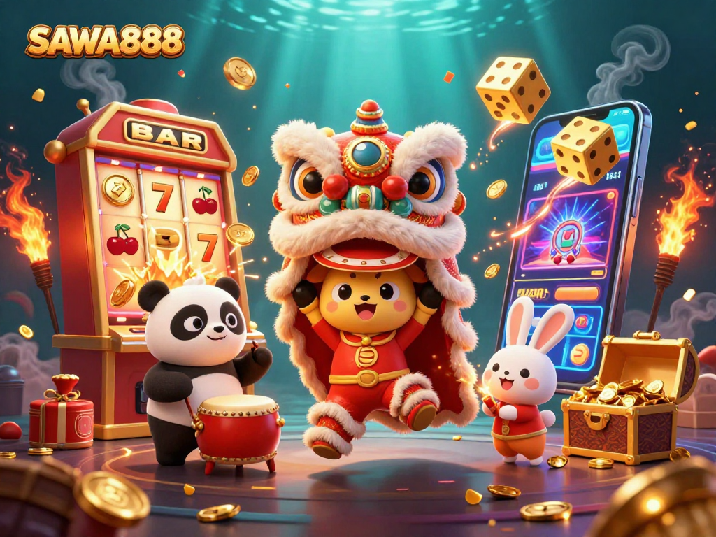 SAWA888 offers a vibrant 3D scene with a lion dance, drumming panda, and slot machines bursting with coins.