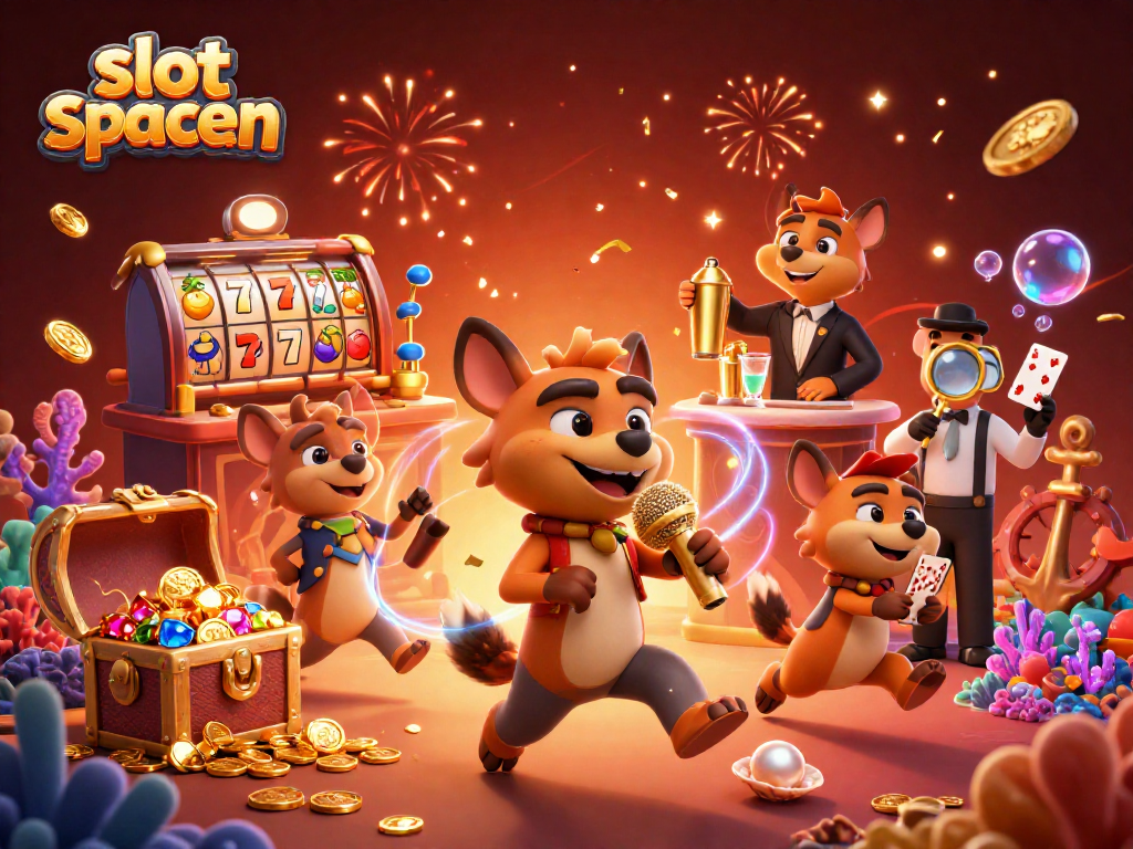 Engage in slot spaceman games with vibrant 3D hyenas in a lively casino scene.