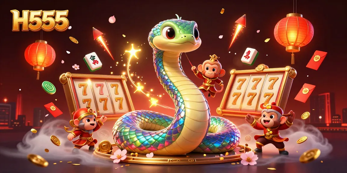 Experience thrilling gameplay at H555 with a colorful 3D scene featuring a rainbow serpent and slot elements.
