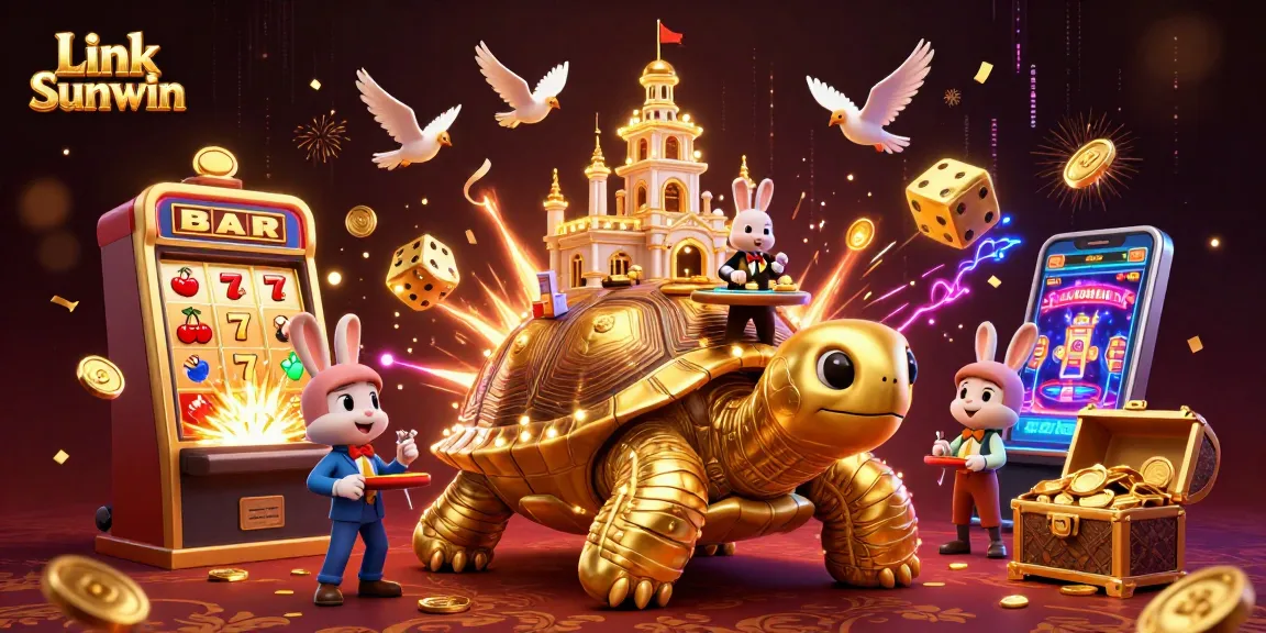 Engage with Link Sunwin's exciting casino games, featuring a vibrant 3D cartoon scene of golden tortoises and dynamic game elements.