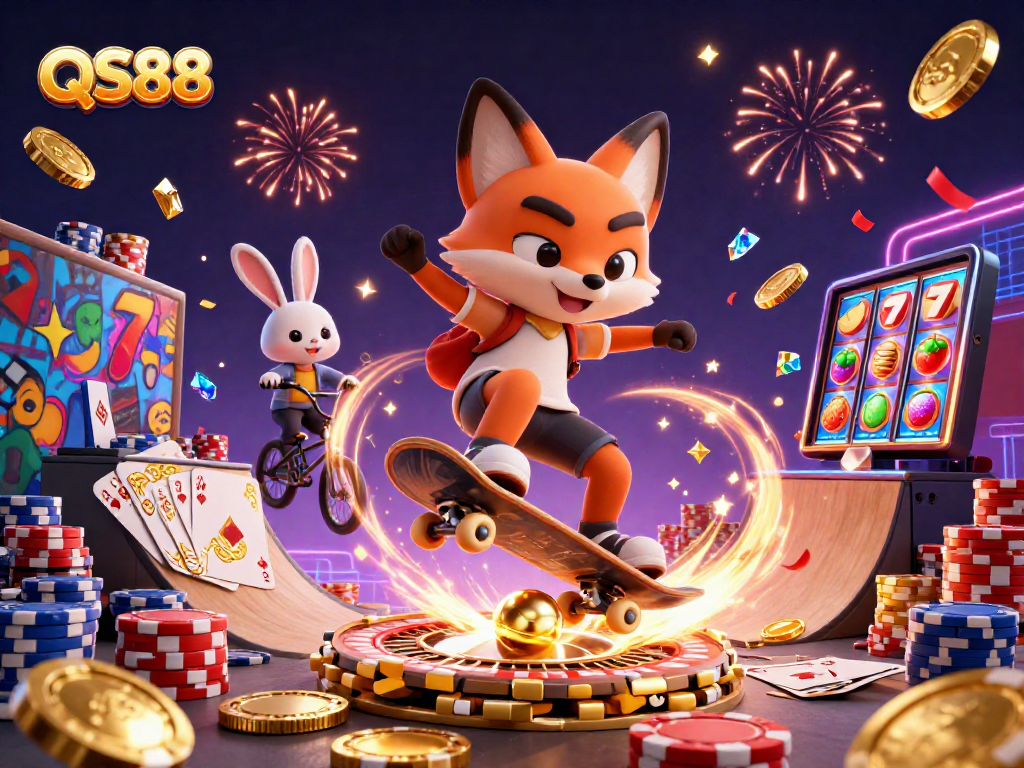 Experience the thrill of QS88 with a vibrant 3D illustration showcasing dynamic casino action.