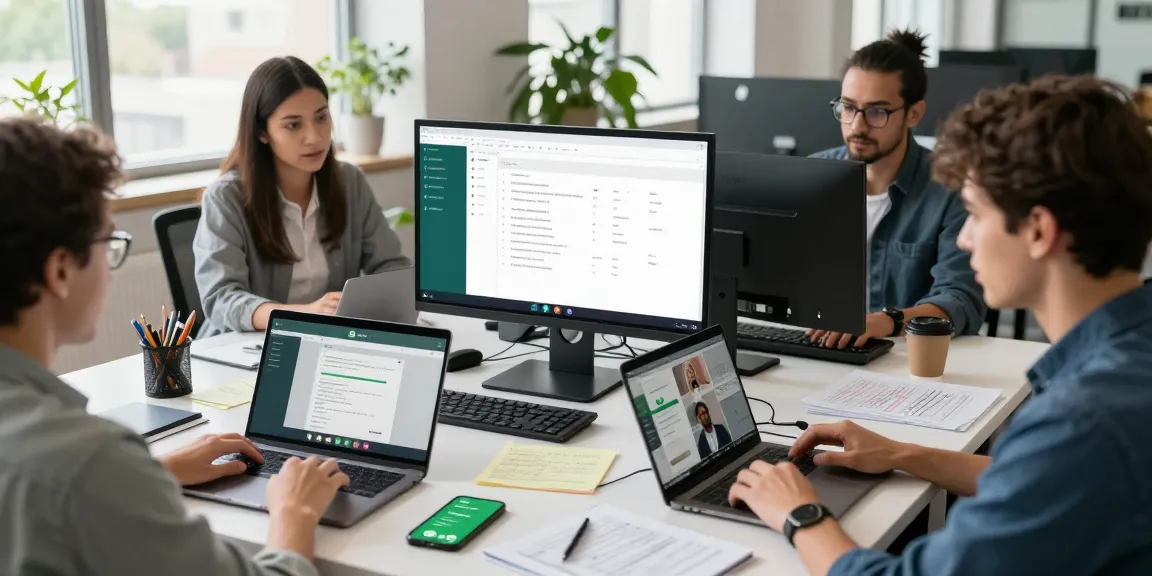 Team collaborating using WhatsApp網頁版 in a modern workspace with laptops and monitors.