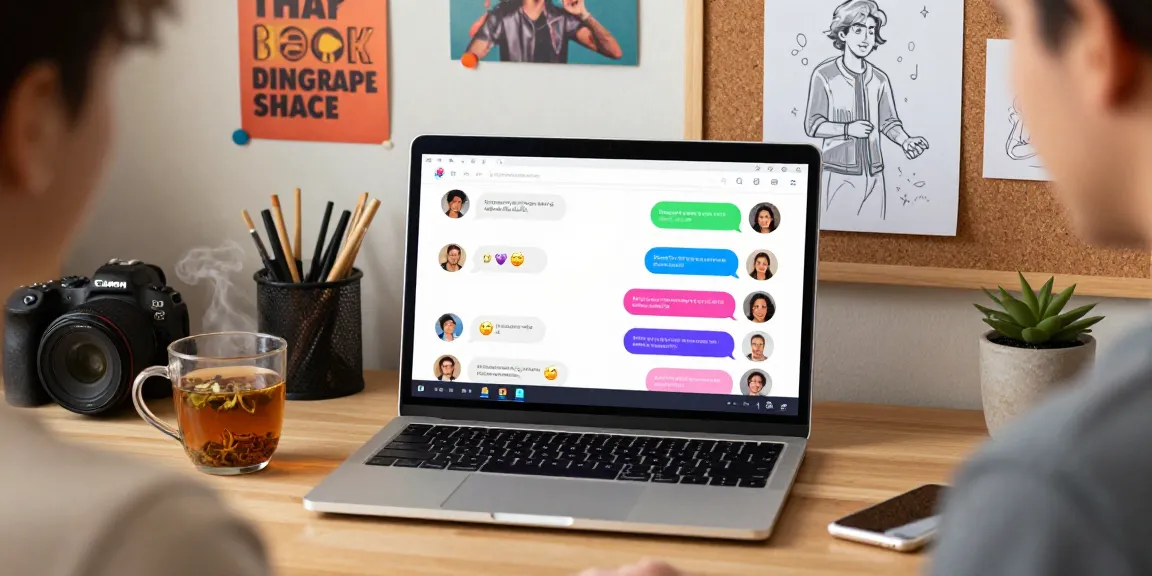 Engaging spicy chat AI interaction on a laptop with colorful chat bubbles in a cozy workspace.