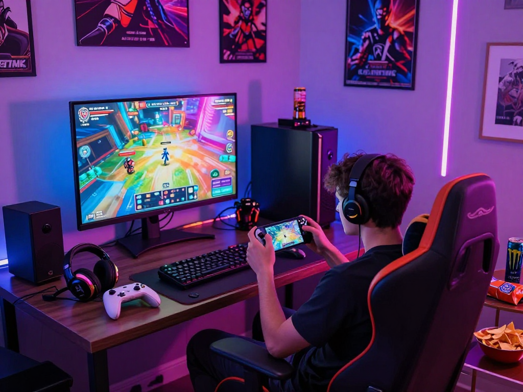 Immersive mobile porn game experience in a vibrant gaming room.