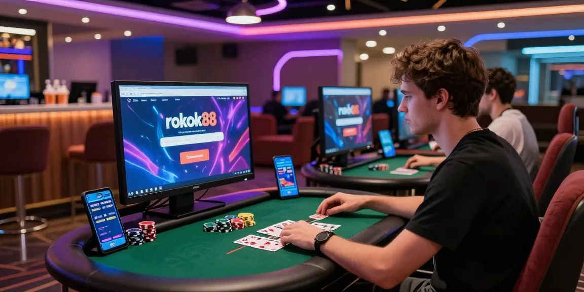 Engaged gamer using rokok88 login interface in a vibrant gaming lounge full of energy and excitement.