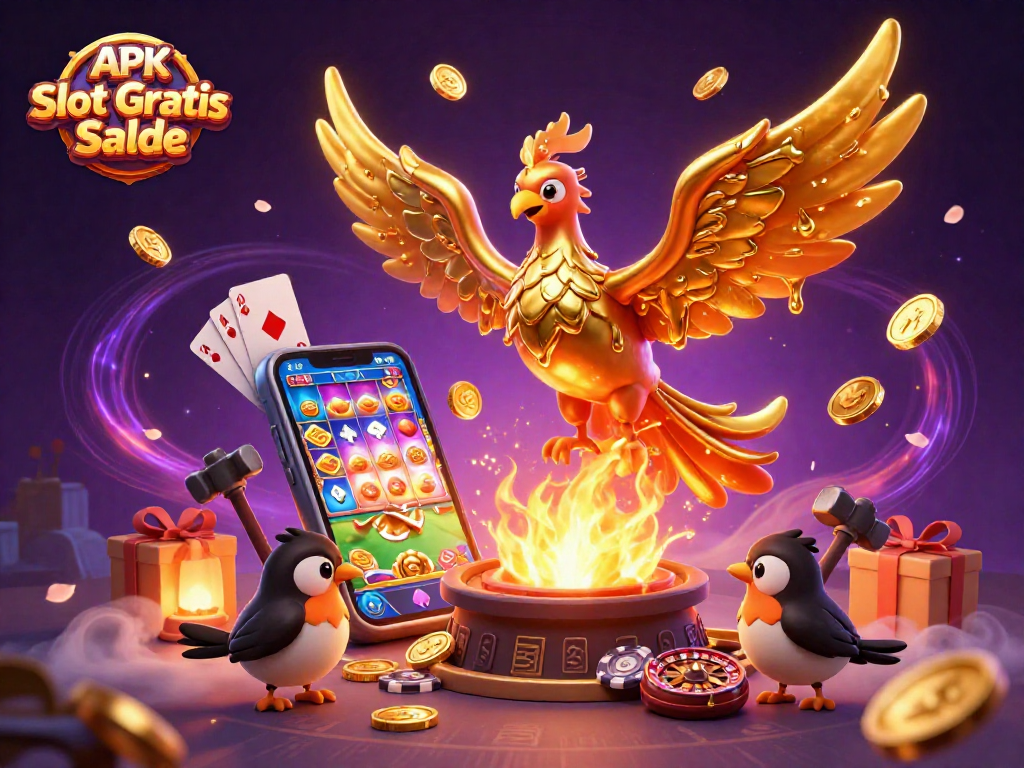Engage with APK Slot Gratis Saldo: Epic 3D illustration showcasing a golden phoenix and slot elements.