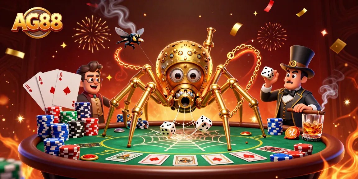 Experience the excitement at AG88 with a vibrant 3D casino scene featuring a steampunk spider and poker elements.