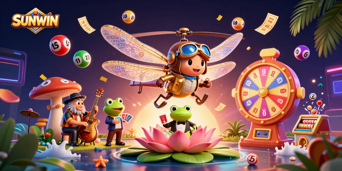 SUNWIN offers thrilling gaming with dynamic characters and colorful elements in this vibrant 3D illustration.