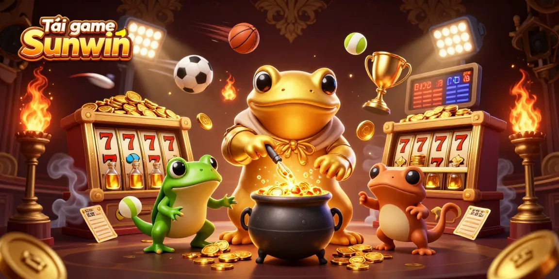 Tải game Sunwin with vibrant 3D characters, gold coins, slot reels, and dynamic sports elements.