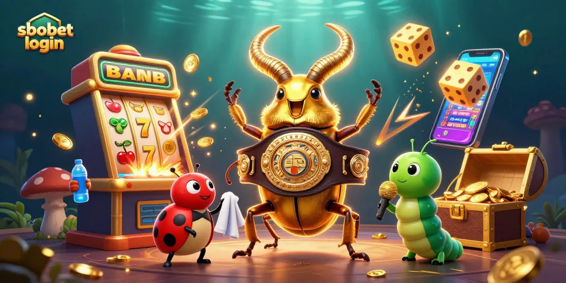 Experience sbobet login with vibrant casino action, featuring a golden stag beetle and dynamic slot machines.