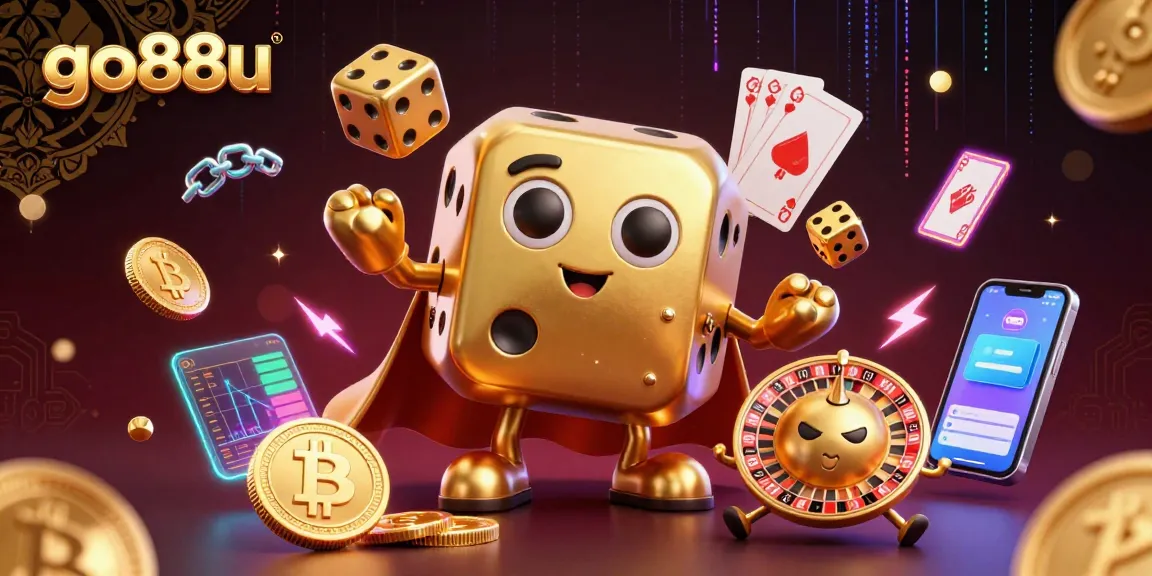 Experience thrilling gameplay at go88u with a vibrant 3D illustration featuring a golden dice golem amidst dynamic crypto elements.