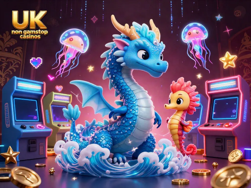 Engaging illustration showcasing UK non gamstop casinos with a dragon, knight, and jellyfish amidst vibrant gaming elements.