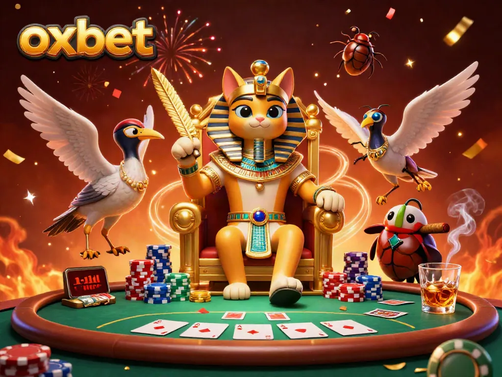 Experience thrilling poker action at oxbet with an Egyptian pharaoh cat and vibrant casino elements.