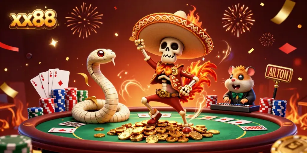 Experience the thrill of xx88 with a dancing mariachi rooster amidst vibrant casino elements.
