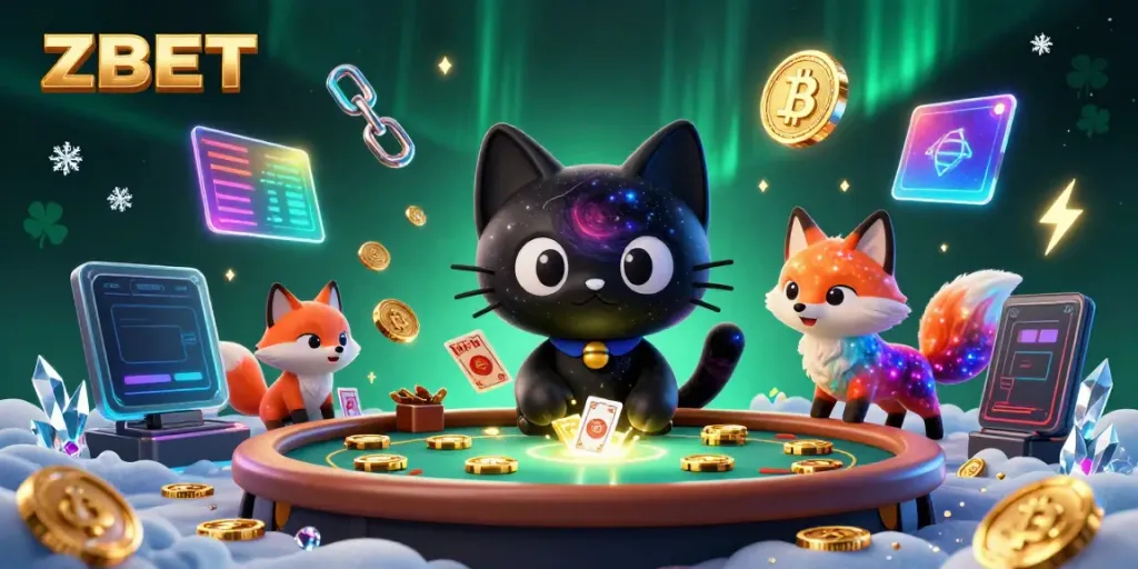 Experience ZBET's cosmic casino with a black hole cat and nebula fox amidst vibrant gaming elements.