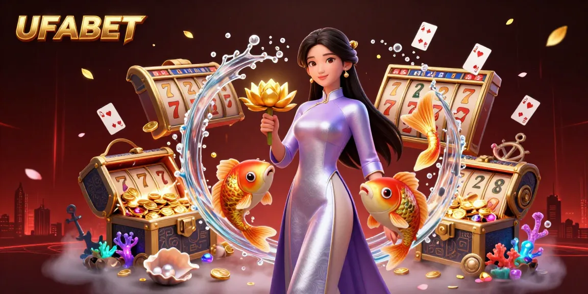 Bet on exciting slot games at UFABET with a stunning 3D illustration featuring vibrant characters and elements.