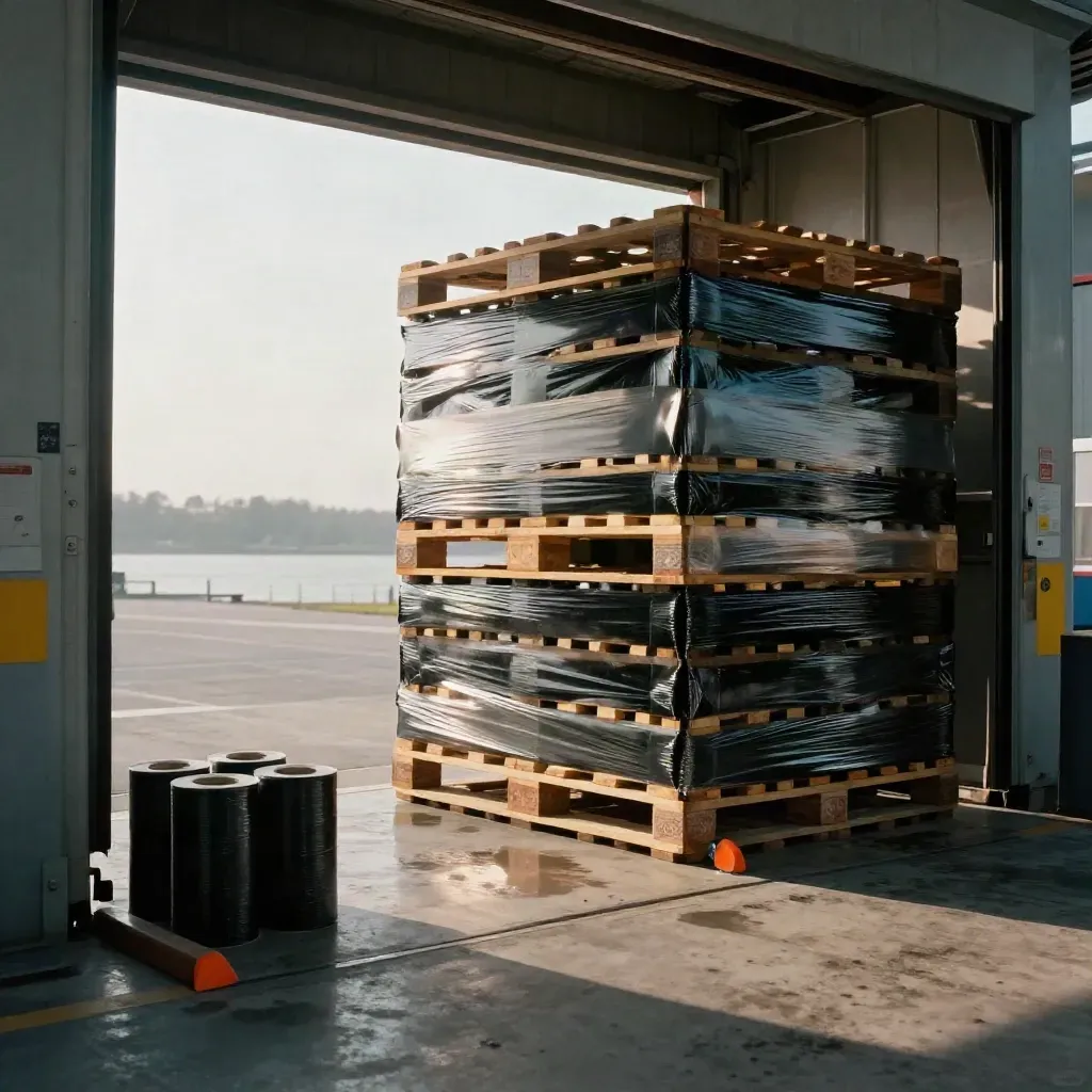 Wrapped pallet stack at a loading dock, ready for dispatch in soft daylight.
