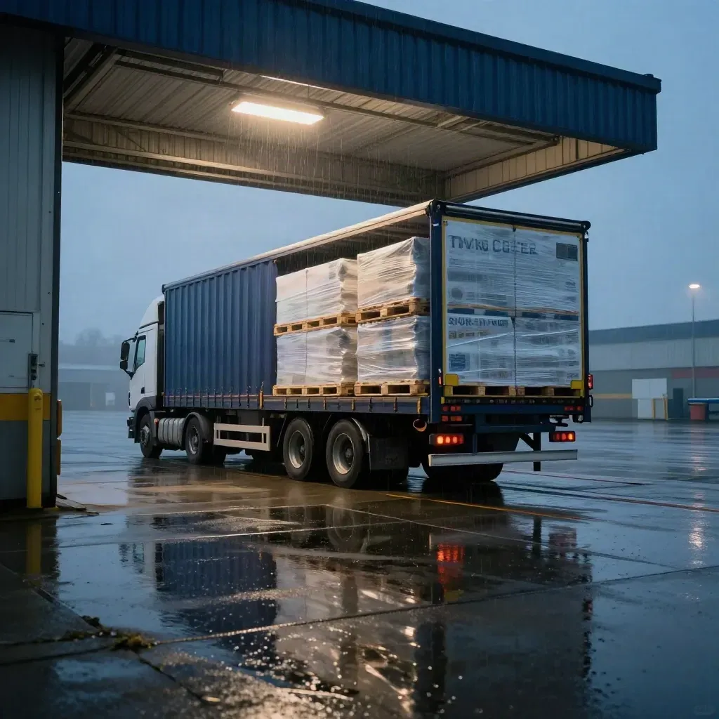 Curtain-sided lorry easing into a dock beside shrink-wrapped pallets in blue-hour drizzle.