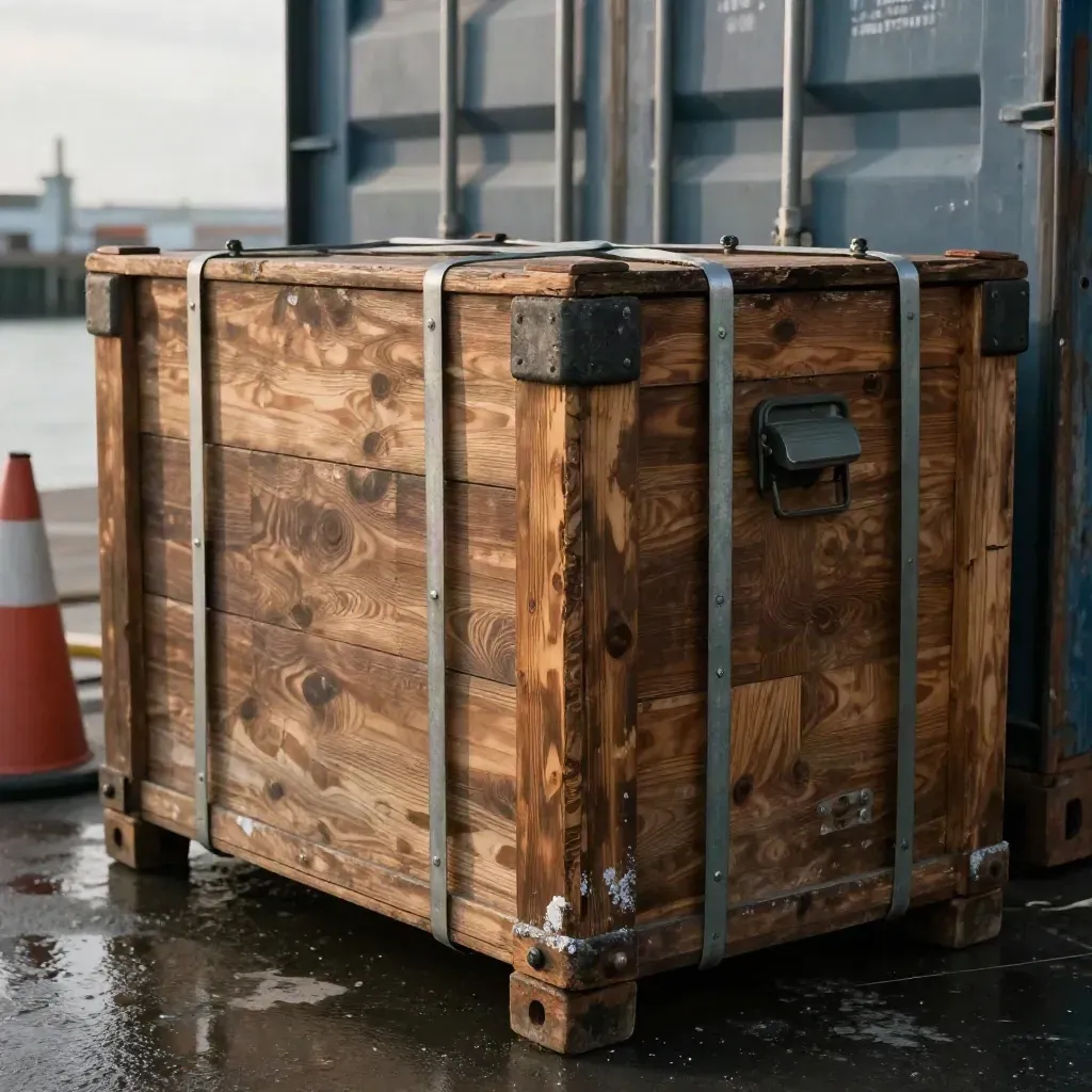 Weathered export crate beside a quay container wall with spray and dock cone.