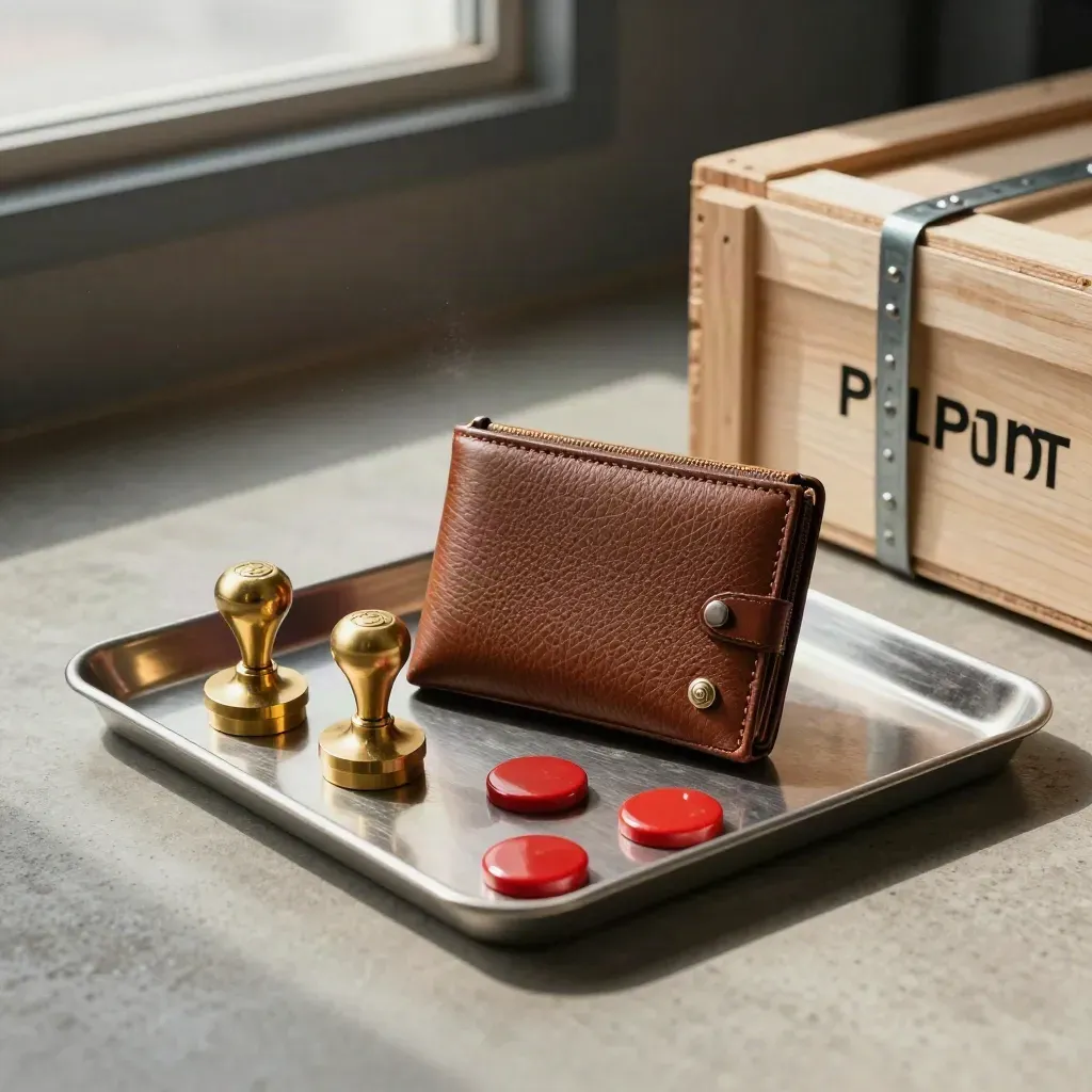 Closed customs wallet, brass stamps, red seal wafers and crate corner on a steel tray.