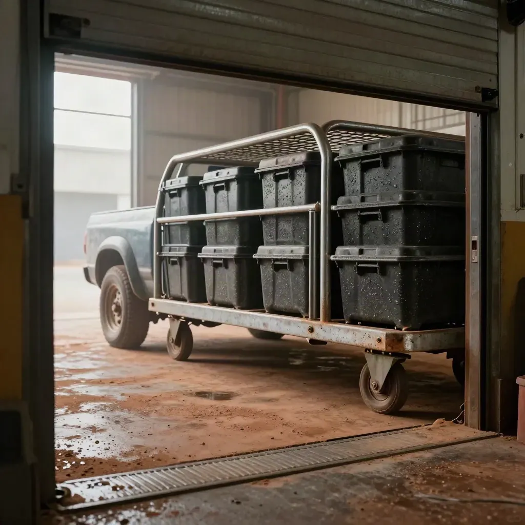 Low floor-level view of a warehouse roll cage trolley, stacked totes and dock stop at an open bay.