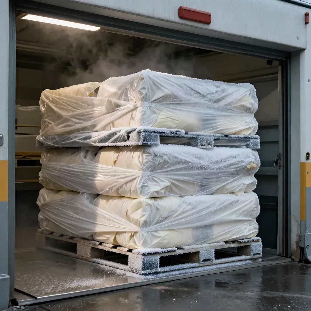 Frosted produce crates staged at a cold-room dock with mist and condensation.