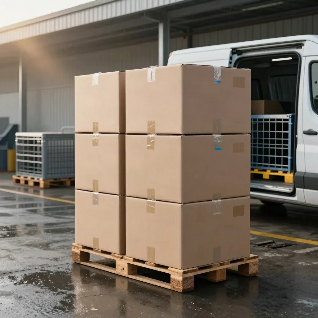 Carton towers, courier cages and a van bay in a rain-sheened fulfillment yard