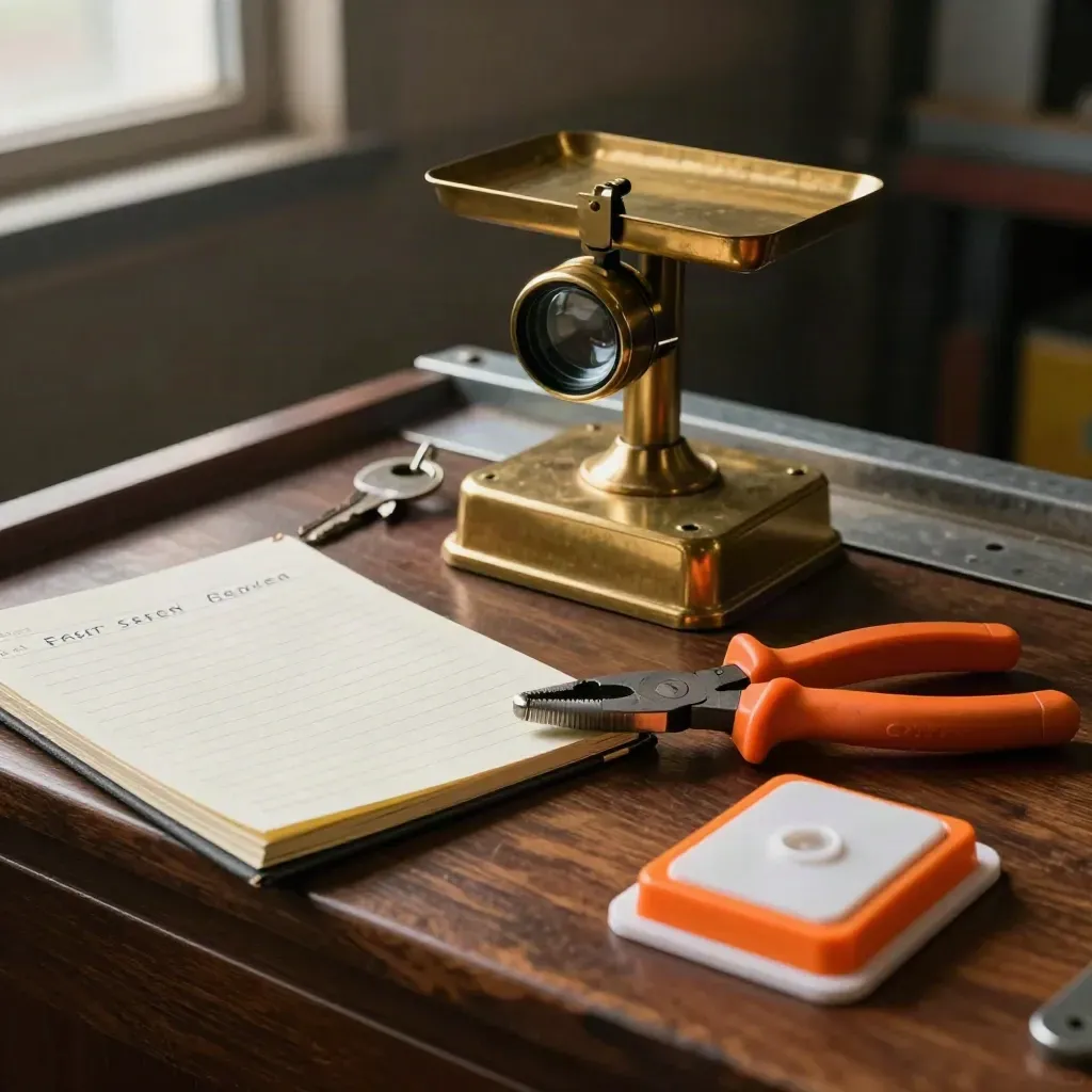 Brass scale weight, freight daybook, seal pliers and pallet corner protector on a dark bench.