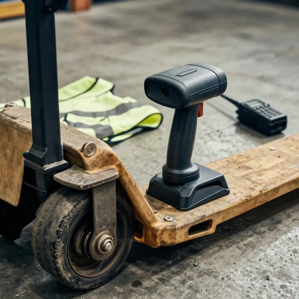 Scanner docked by pallet jack wheel, folded hi-vis vest and warehouse radio on concrete.