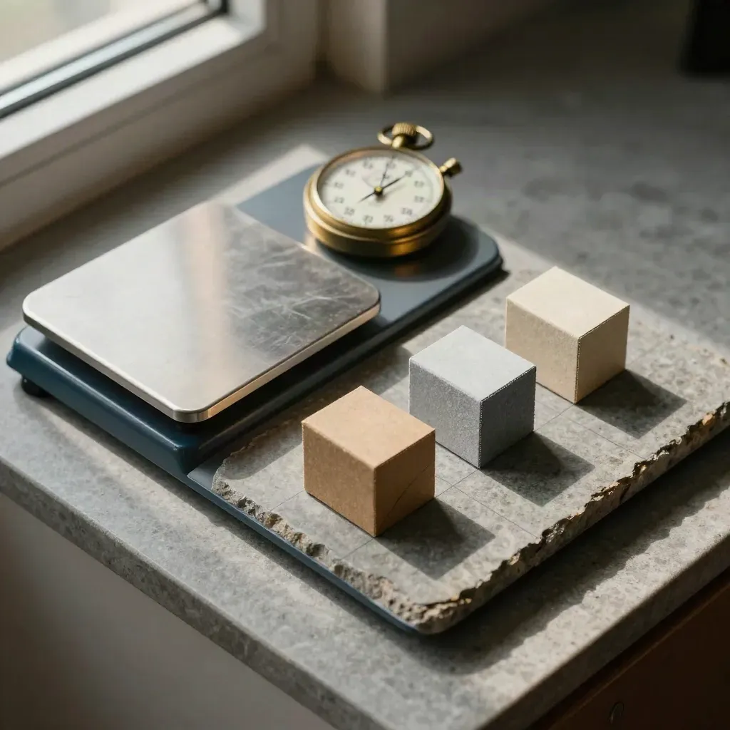 Overhead flatlay of a parcel scale, brass stopwatch and carton blocks on stone