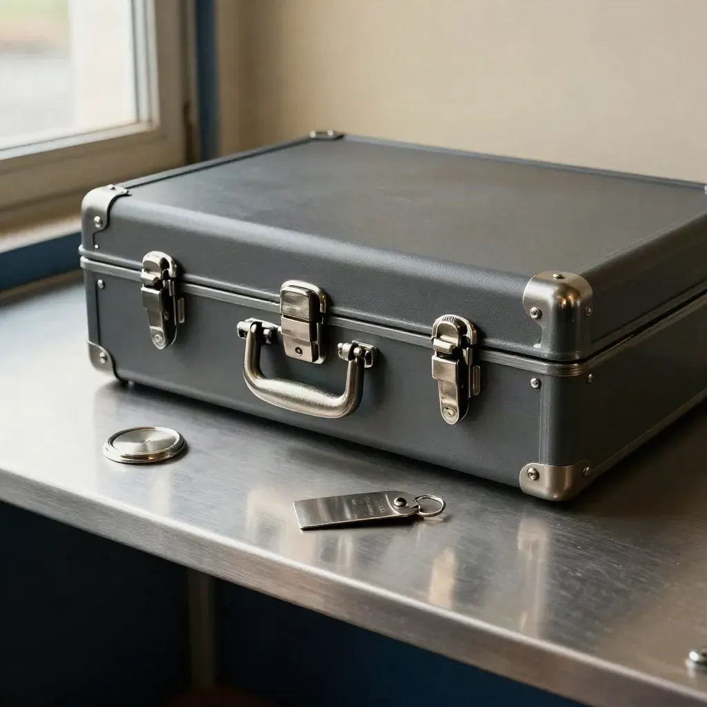 Dispatch case, metal seal and cargo tag on brushed steel, lit softly from the side.