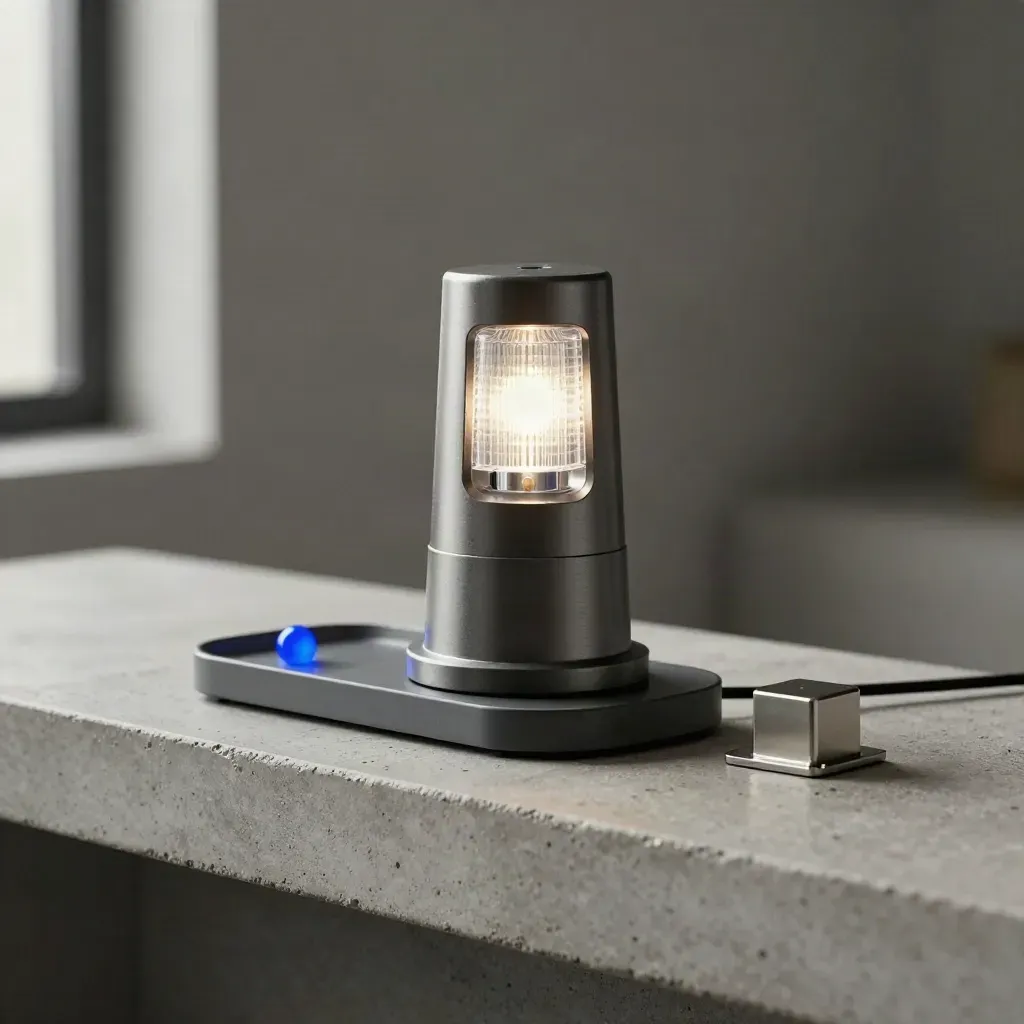 Signal lamp, tracker dock and route beacon glowing on a stone shelf.
