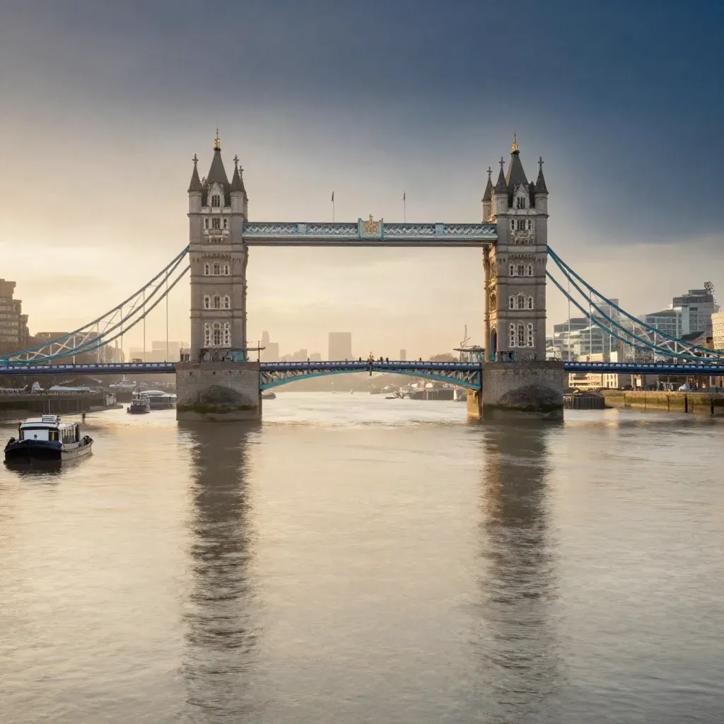 Tower Bridge over misty Thames at dawn, skyline high and water calm for copy.