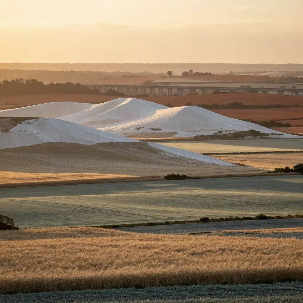 Chalk downs, distant viaduct, and amber fields in warm haze