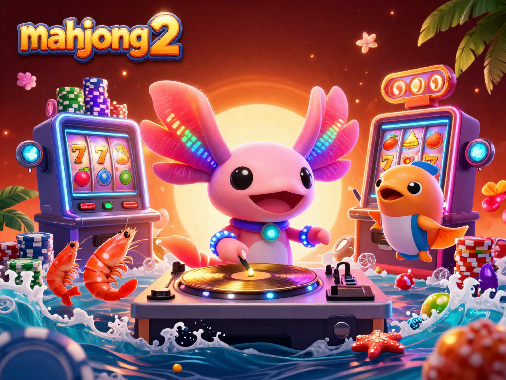 Engage with mahjong 2 excitement in this vibrant digital casino scene filled with colorful slot machines.