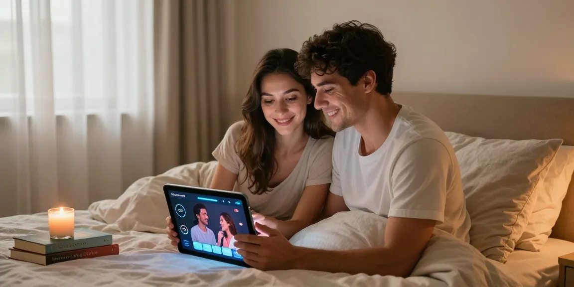 Couple connecting through sex ai technology in an inviting bedroom.