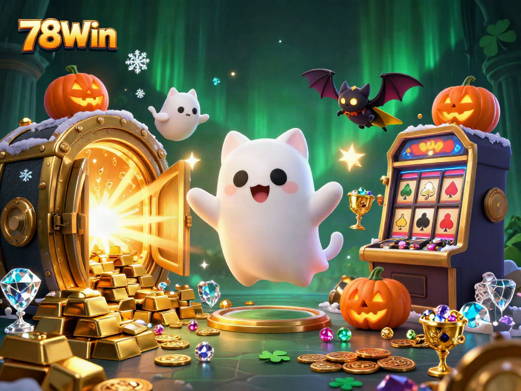 Engage with 78Win's thrilling haunted casino scene featuring a ghost cat and treasures.
