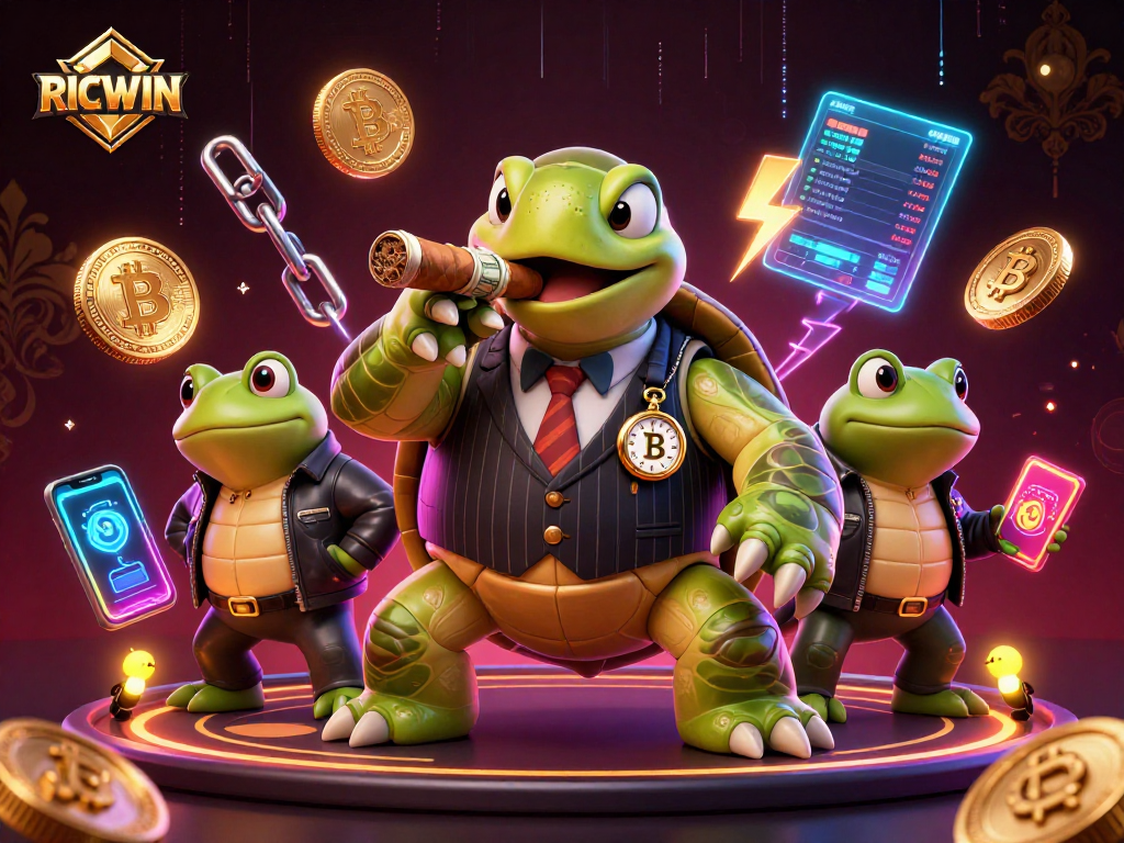 Engage with RICWIN through a lively casino scene featuring a turtle and bullfrogs amidst vibrant gaming symbols.