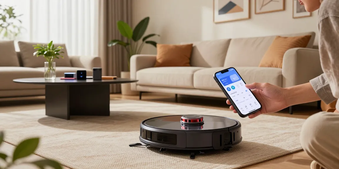Roborock 2026 navigating a modern living room, showcasing advanced wheel-leg technology and home automation.