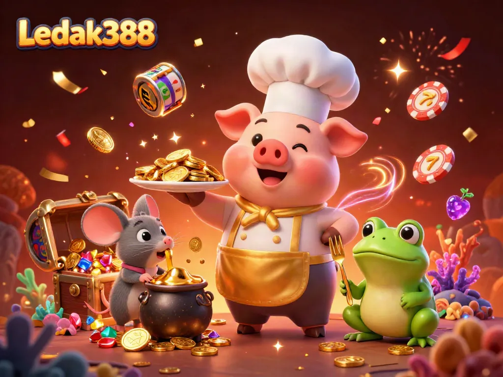 Experience the excitement of Ledak388 with vibrant cartoon chefs serving gold coins amidst rich casino elements.