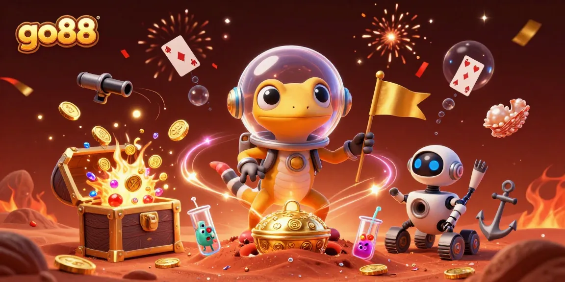 Experience the excitement of go88 with a Martian gecko discovering a golden casino, celebrating wins surrounded by treasure.