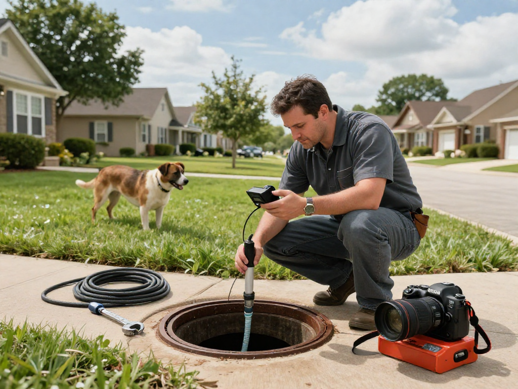 Professional rooter service Fort Worth technician inspecting sewer line outdoors.