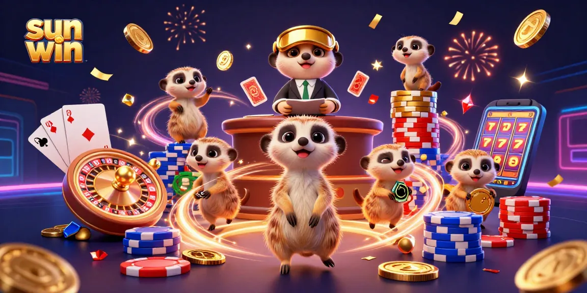 Experience the thrill of sun win with meerkats in a vibrant casino scene, filled with gold and excitement.