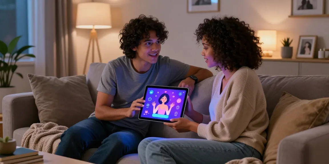 Couple using sex AI technology on a cozy sofa to enhance intimacy